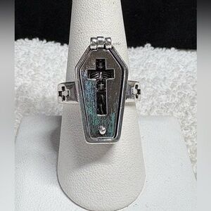 Peek a boo/openable Silver and Black Cross Coffin Ring/novelty